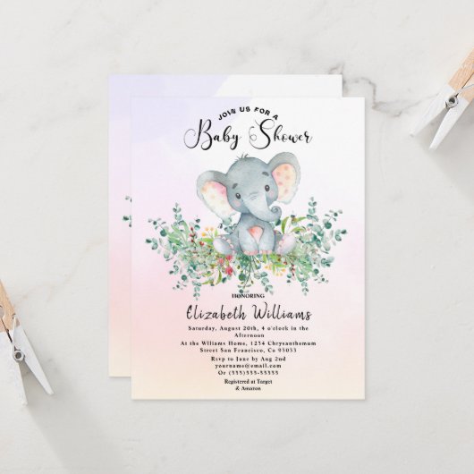 Elephant Floral Eucalyptus Baby Dusche Einladung (Vorderseite/Rückseite Beispiel)