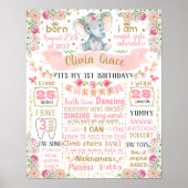 Elephant Floral First Birthday Board-Zeichen Poster (Vorne)