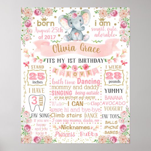 Elephant Floral First Birthday Board-Zeichen Poster (Vorne)