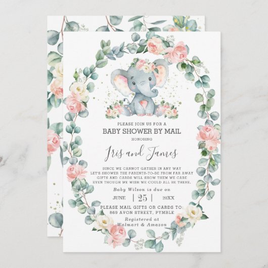 Elephant Floral Greenery Baby Shower von Mail Girl Einladung (Vorne/Hinten)