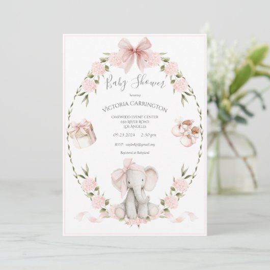 Elephant Floral Hydrangeas Pink Girl Baby Shower Einladung (Stehend Vorderseite)