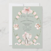 Elephant Floral Hydrangeas Sage Girl Baby Shower Einladung (Vorderseite)