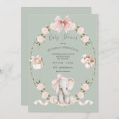 Elephant Floral Hydrangeas Sage Girl Baby Shower Einladung (Vorne/Hinten)