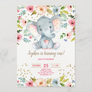 Elephant Floral Rustic Girl 1. Geburtstag Blush Einladung
