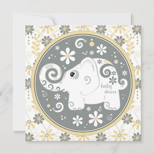 Elephant Floral Yellow Gray Baby Dusche Einladung (Vorderseite)