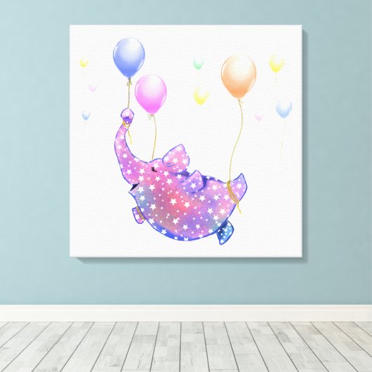 Elephant Flying with Balloons Funny Canvas Print Leinwanddruck (Insitu (Holzboden))