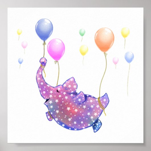 Elephant Flying with Colorful Balloons Poster (Vorne)