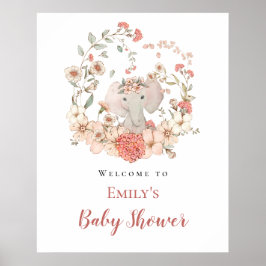 Elephant Foliage Peach Welcome Baby Dusche Poster
