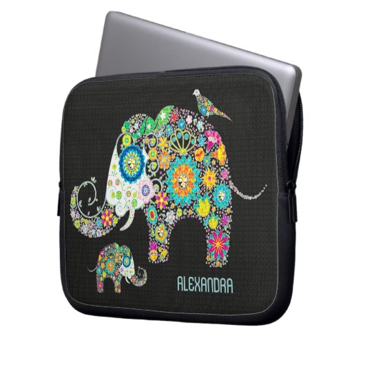 Elephant Form farbenfrohe Retro-Blume Laptopschutzhülle (Vorderseite Links)