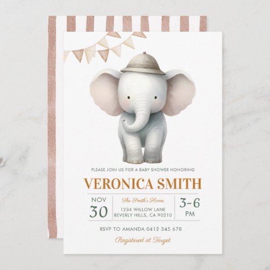 Elephant Gender Neutral Baby Shower  Einladung (Vorne/Hinten)