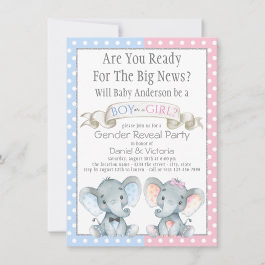 Elephant Gender Reveal Baby Shower Einladungen (Vorderseite)