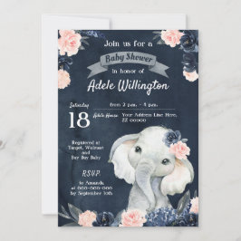 Elephant Gift Watercolor Floral Navy Pink Baby Einladung