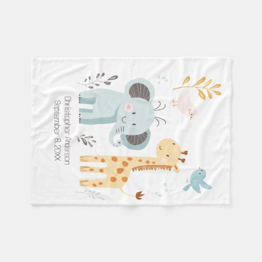 Elephant Giraffe Bird Personalisierter Geburtsstat Fleecedecke (Vorderseite (Horizontal))