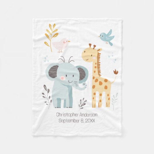 Elephant Giraffe Bird Personalisierter Geburtsstat Fleecedecke (Vorderseite)