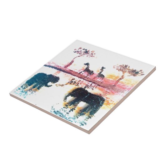 Elephant, Giraffe Safari Sunset Art Fliese (Seite)