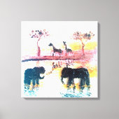 Elephant, Giraffe Safari Sunset Art Leinwanddruck (Vorderseite)