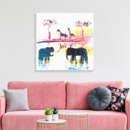 Elephant, Giraffe Safari Sunset Art Leinwanddruck (Insitu (Wohnzimmer))