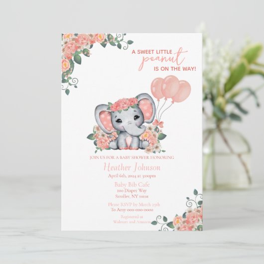 Elephant Girl Baby Shower Einladung (Stehend Vorderseite)