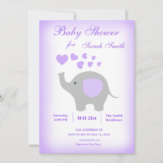 Elephant Girl Baby Shower Einladung Lila Hearts (Vorderseite)