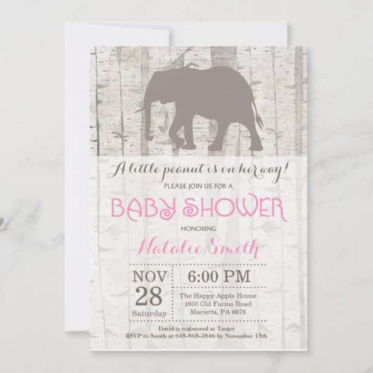 Elephant Girl Baby Shower Einladung Rustikal (Vorderseite)