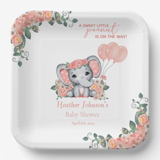 Elephant Girl Baby Shower Pappteller (Vorderseite)