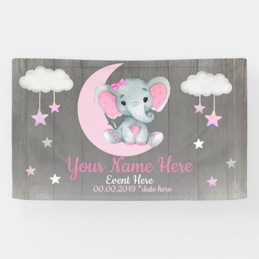 Elephant Girl Backdrop Moon Stars Pink Name Stars Banner (Horizontal)