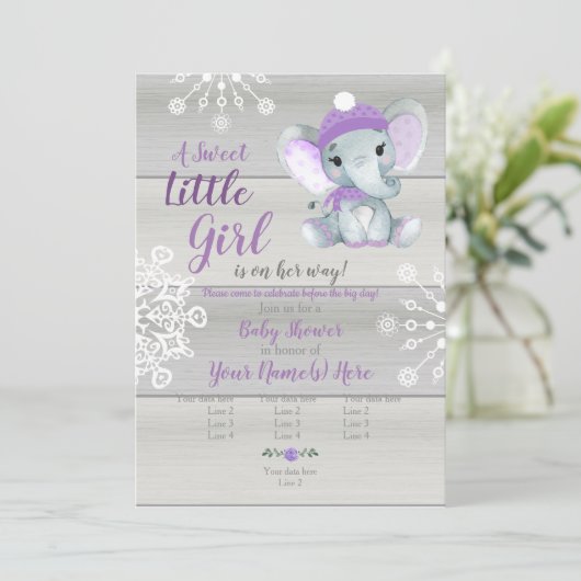 Elephant Girl Invitation, grauer, rustikaler, lila Einladung (Stehend Vorderseite)