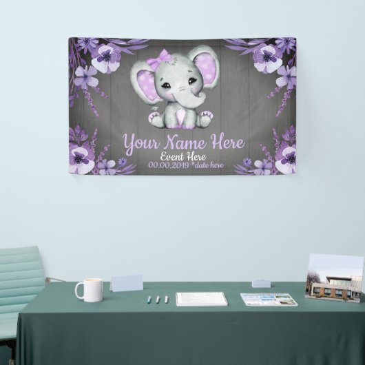 Elephant Girl Lila Bow Backdrop Banner Floral (Messeveranstaltung)