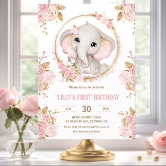 Elephant Girl Pink Floral 1. Geburtstag Einladung