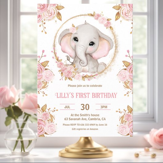 Elephant Girl Pink Floral 1. Geburtstag Einladung