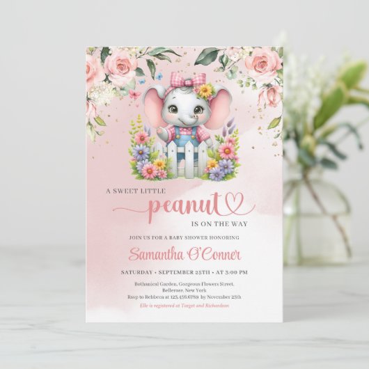 Elephant Girl Shower Einladung Erdnuss (Stehend Vorderseite)