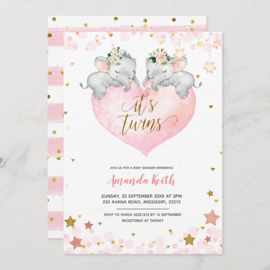 Elephant Girl Twins Kinderdusche Einladung (Vorne/Hinten)