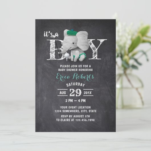 Elephant Golf Boy Rustic Chalkboard Baby Dusche Einladung (Stehend Vorderseite)