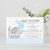 Elephant Gray Gingham Baby Shower Einladung (Stehend Vorderseite)