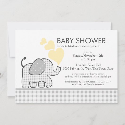 Elephant Gray Gingham Baby Shower Einladung (Vorderseite)