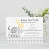 Elephant Gray Gingham Baby Shower Einladung (Stehend Vorderseite)