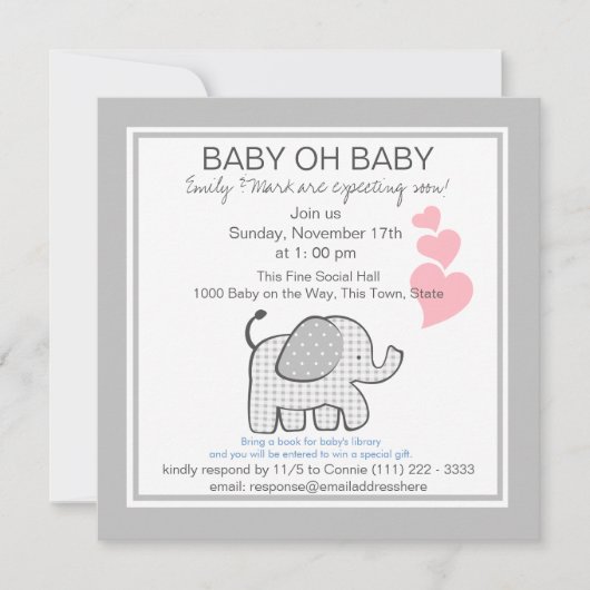 Elephant Gray Gingham Baby Shower Einladung (Vorderseite)