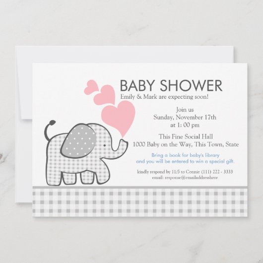 Elephant Gray Gingham Baby Shower Einladung (Vorderseite)