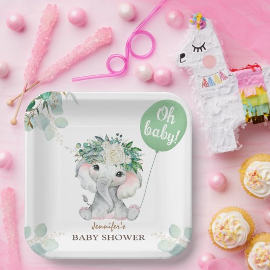 Elephant Green Balloon Gender Neutral Baby Shower Pappteller (Party)