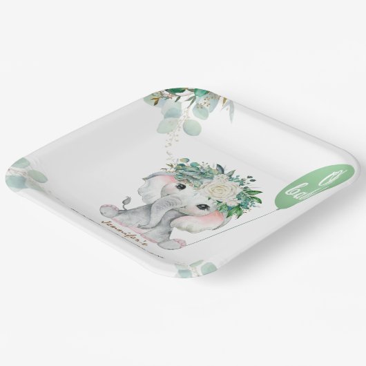 Elephant Green Balloon Gender Neutral Baby Shower Pappteller (Gewinkelt)