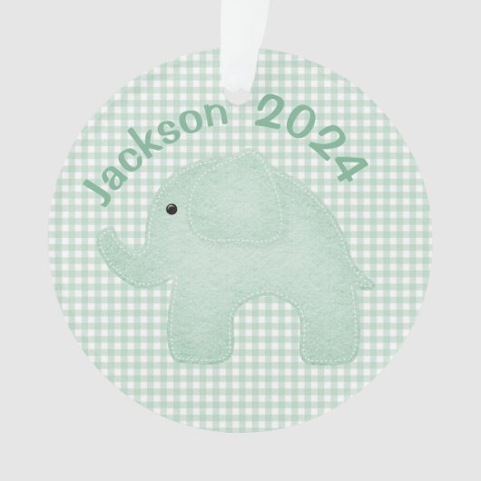 Elephant Green Kariert Gingham Personalisiert Kind Ornament (Vorderseite)