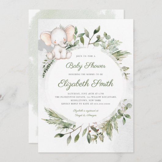 Elephant Greenerage Foliage Babydusche Einladung (Vorne/Hinten)