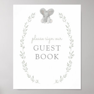 Elephant Greenery Baby Shower Guest Book Sign Poster