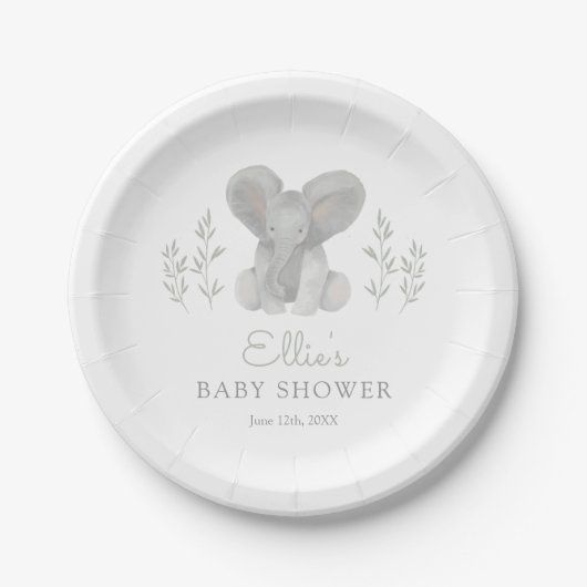 Elephant Greenery Baby Shower Pappteller (Vorderseite)