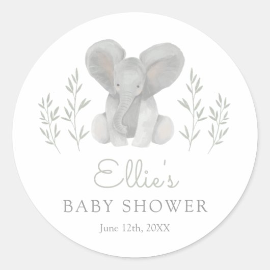 Elephant Greenery Baby Shower Runder Aufkleber (Vorderseite)