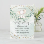 Elephant Greenery Eucalyptus Gold Geometric Baby Einladung (Stehend Vorderseite)