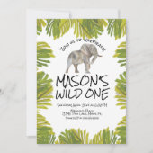 Elephant Greenery First Birthday Einladung (Vorderseite)