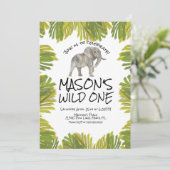 Elephant Greenery First Birthday Einladung (Stehend Vorderseite)