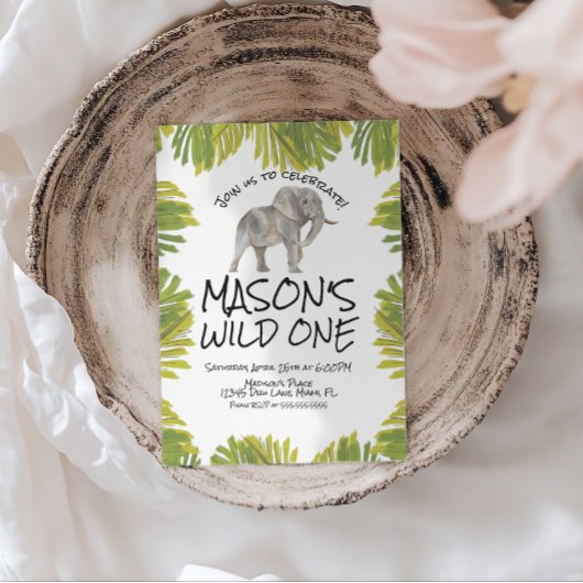 Elephant Greenery First Birthday Einladung