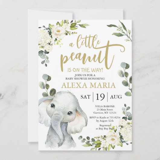 Elephant Greenery Peanut Baby Shower Einladung (Vorderseite)